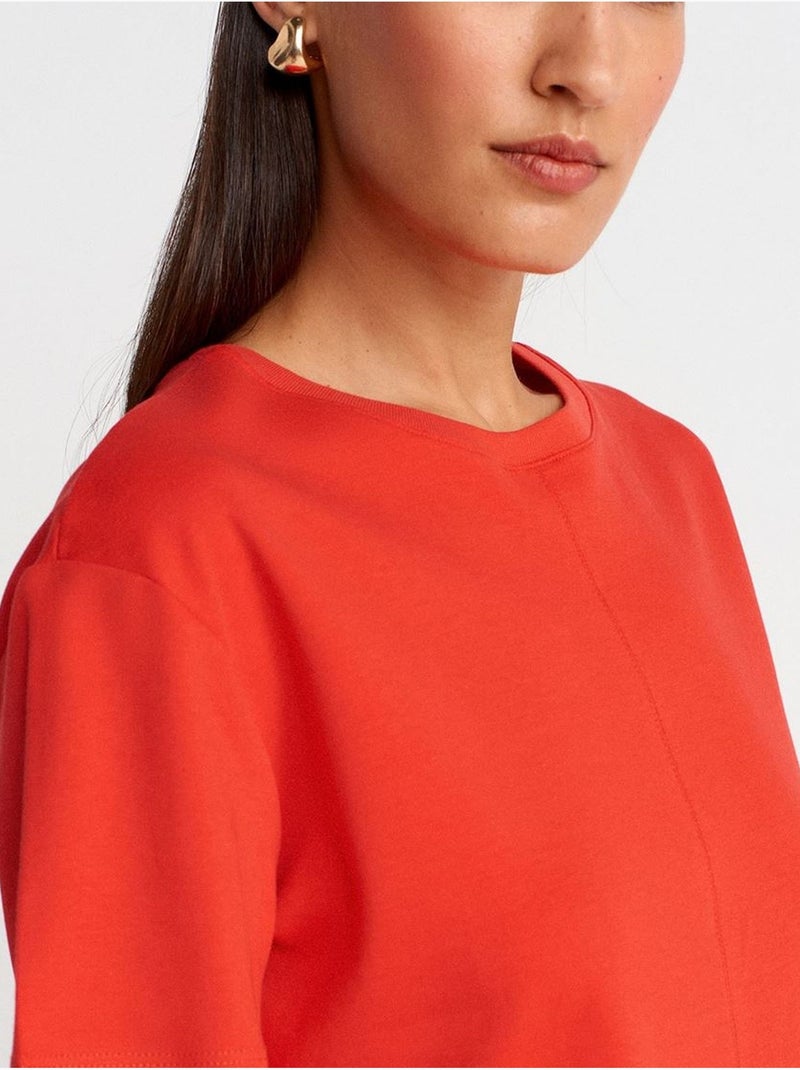 T-shirt de algodão de mulher com decote redondo e racha dilvin Vermelho - Kiabi