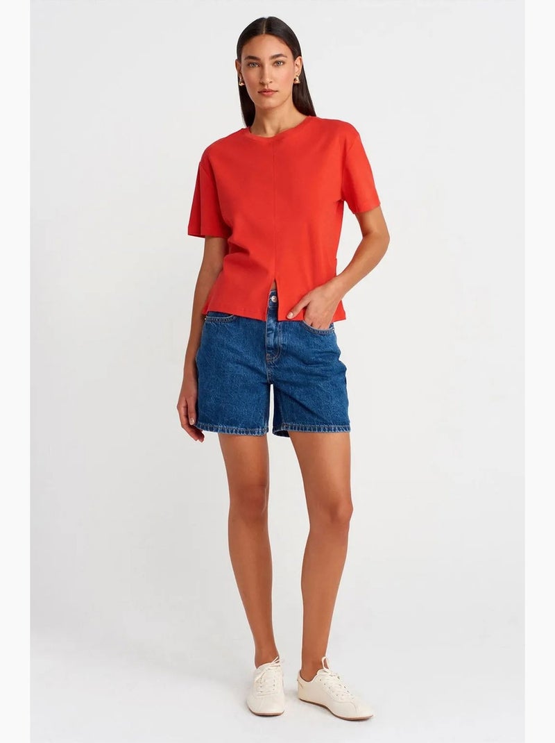 T-shirt de algodão de mulher com decote redondo e racha dilvin Vermelho - Kiabi
