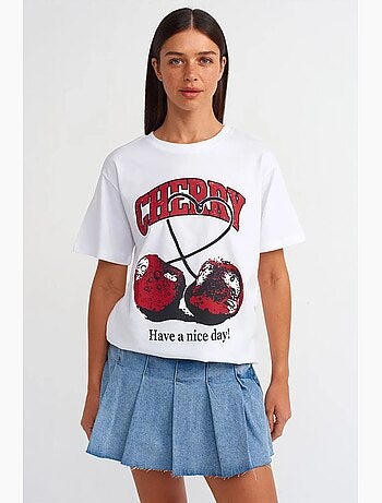 T-shirt de algodão estampada com decote redondo para mulher dilvin