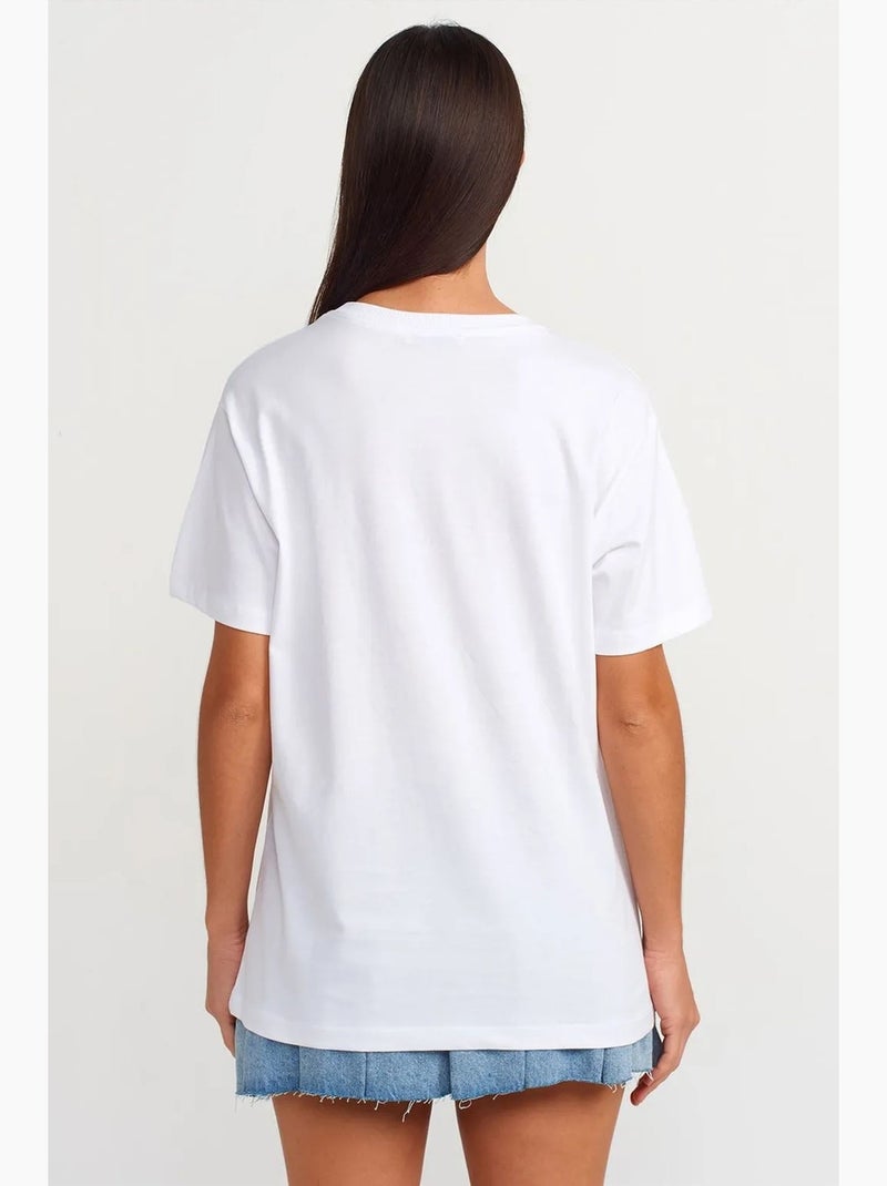 T-shirt de algodão estampada com decote redondo para mulher dilvin Branco - Kiabi