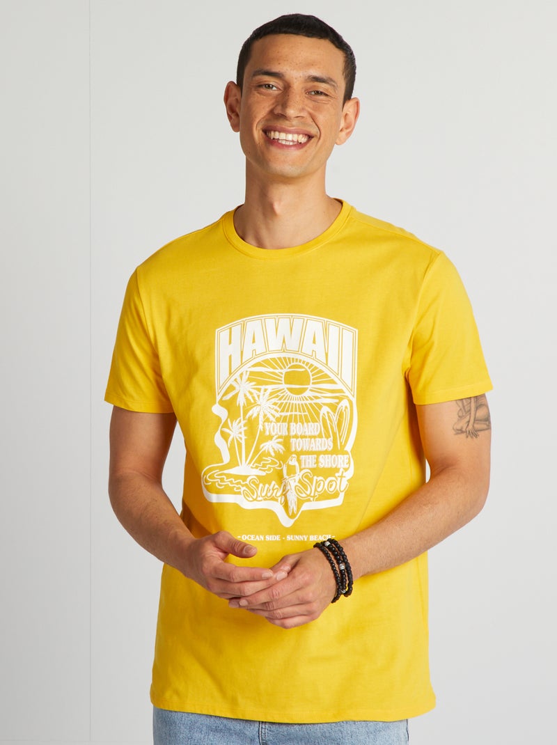 T-shirt de algodão estampada de gola redonda AMARELO - Kiabi