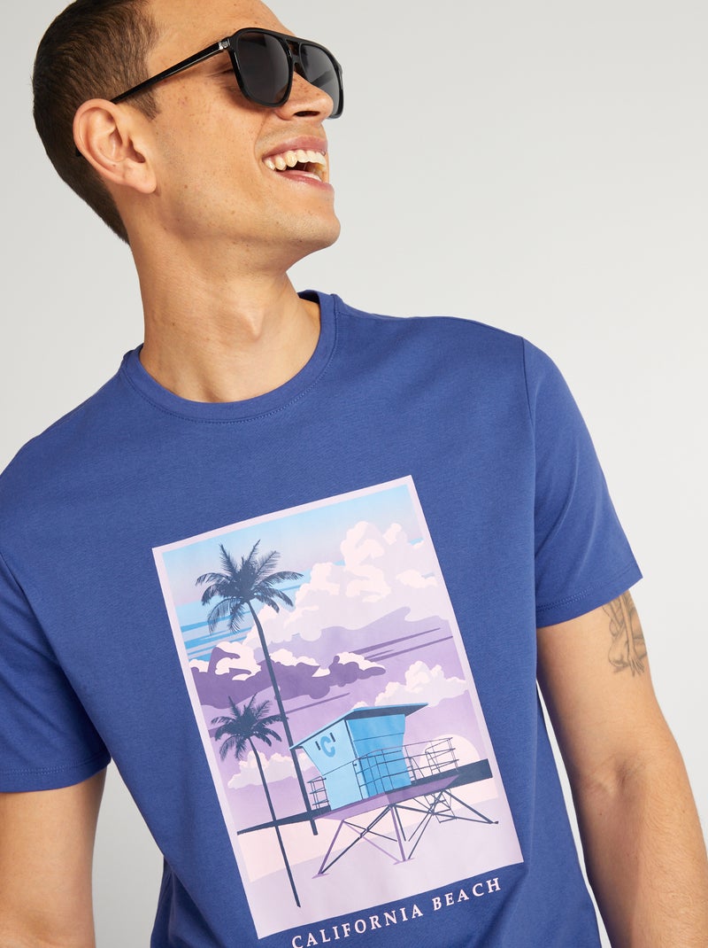T-shirt de algodão estampada de gola redonda AZUL - Kiabi
