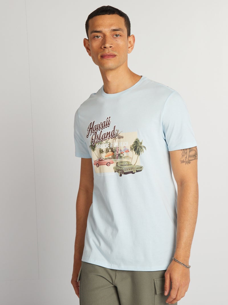 T-shirt de algodão estampada de gola redonda AZUL - Kiabi