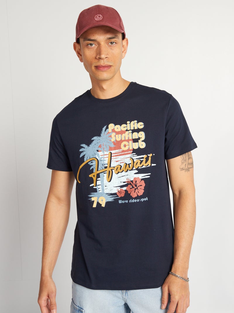 T-shirt de algodão estampada de gola redonda AZUL - Kiabi
