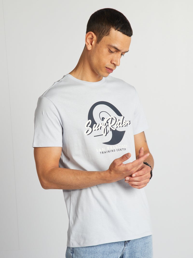 T-shirt de algodão estampada de gola redonda AZUL - Kiabi