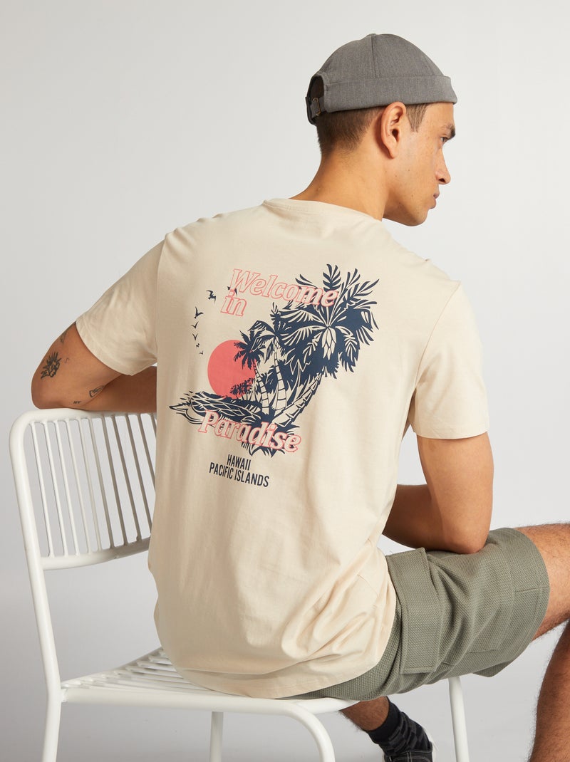 T-shirt de algodão estampada de gola redonda BEGE - Kiabi
