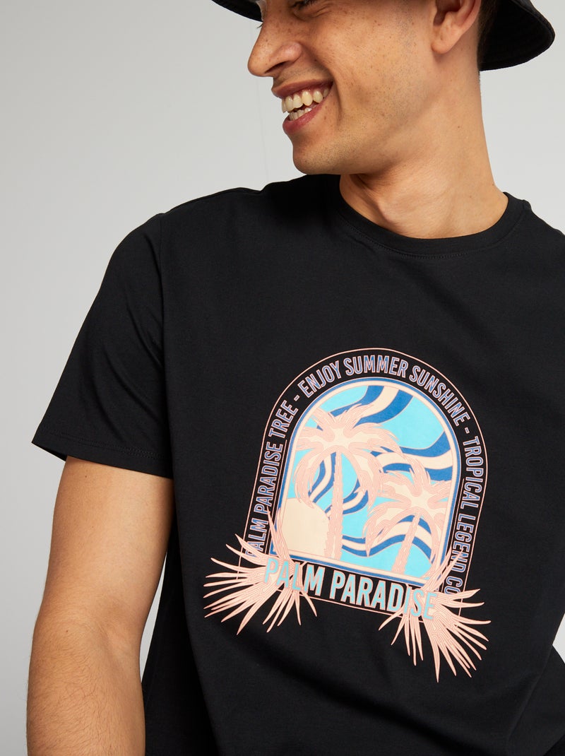 T-shirt de algodão estampada de gola redonda PRETO - Kiabi