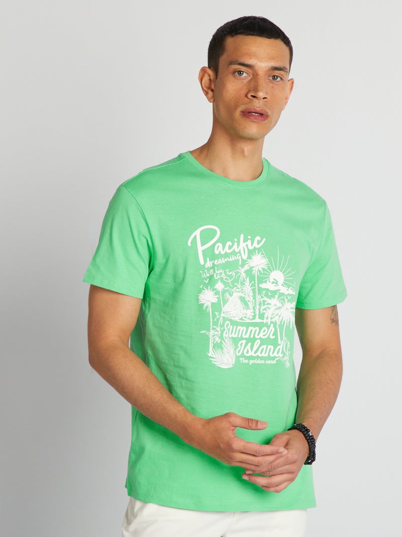 T-shirt de algodão estampada de gola redonda VERDE - Kiabi