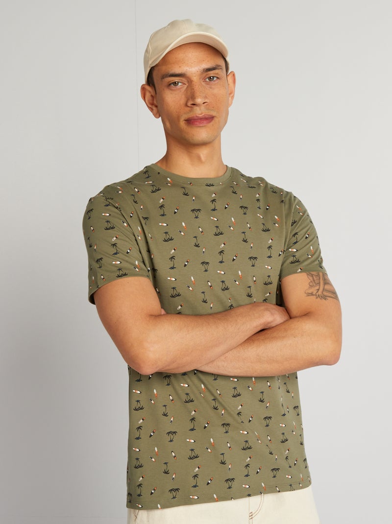 T-shirt de algodão estampada de gola redonda VERDE - Kiabi