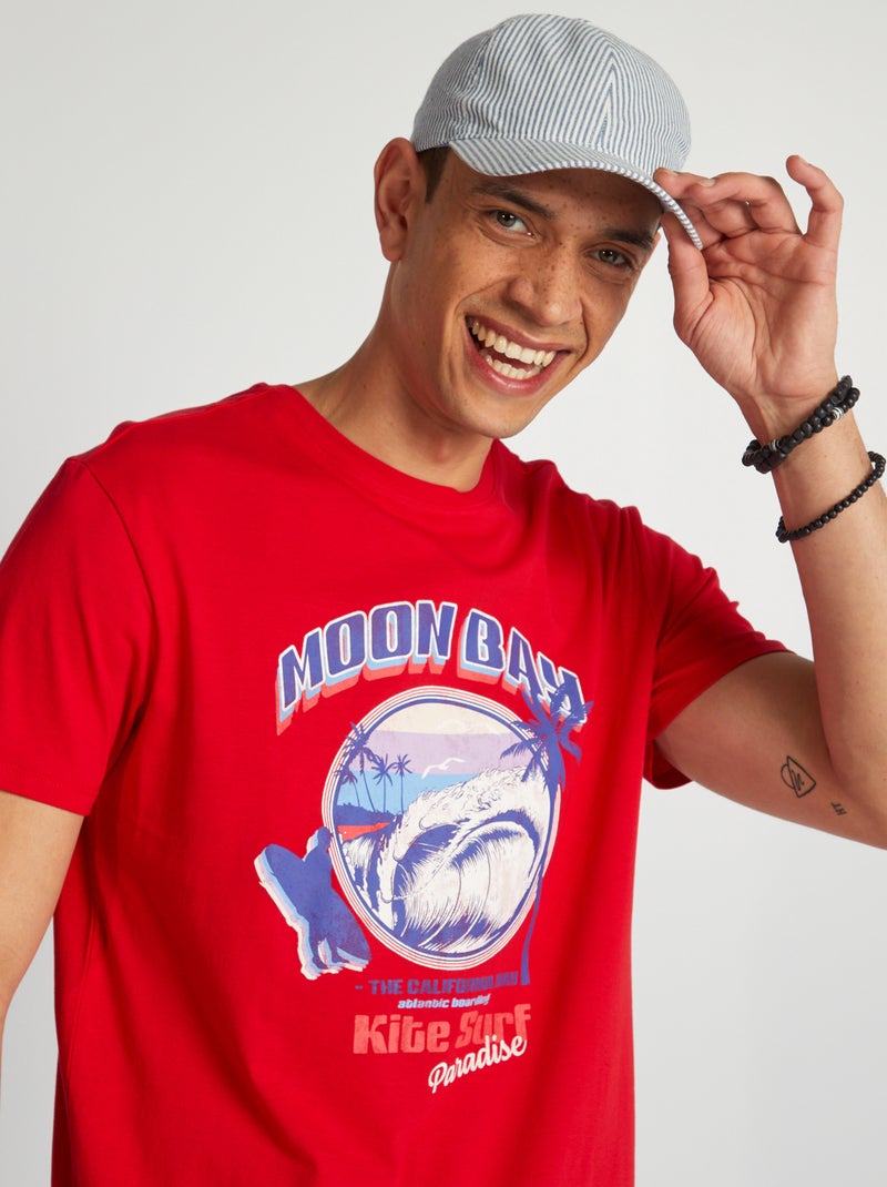 T-shirt de algodão estampada de gola redonda VERMELHO - Kiabi