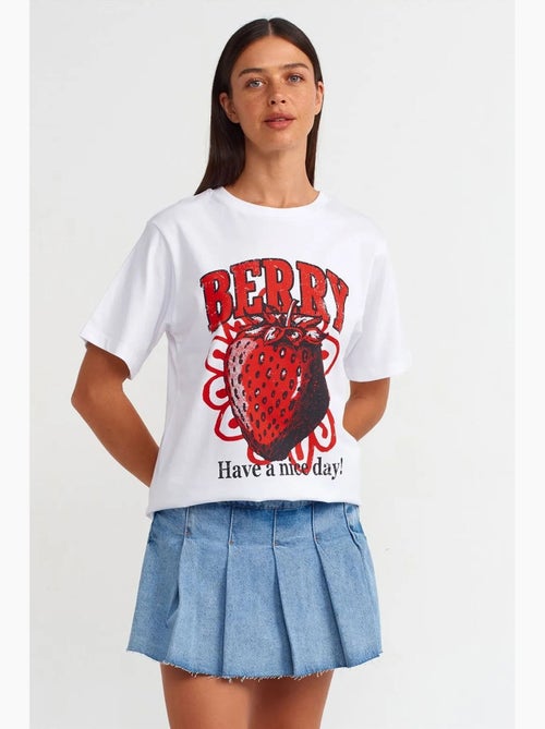T-shirt de algodão estampada de mulher com decote redondo dilvin - Kiabi