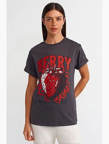T-shirt de algodão estampada de mulher com decote redondo dilvin