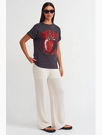 T-shirt de algodão estampada de mulher com decote redondo dilvin