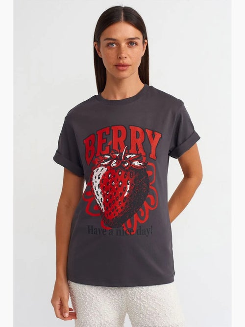 T-shirt de algodão estampada de mulher com decote redondo dilvin - Kiabi