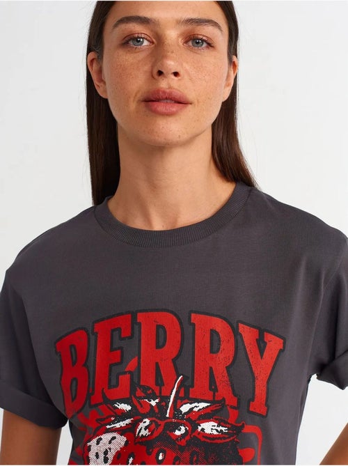 T-shirt de algodão estampada de mulher com decote redondo dilvin - Kiabi