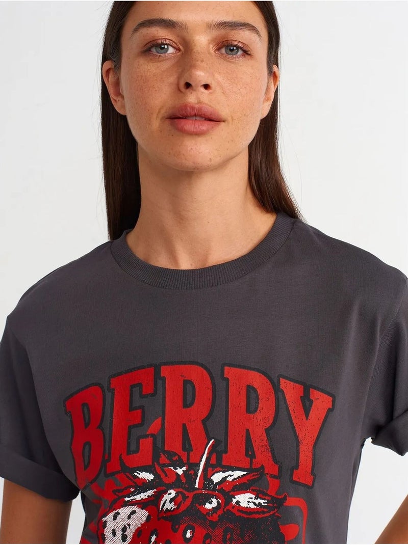 T-shirt de algodão estampada de mulher com decote redondo dilvin Cinza-preto - Kiabi