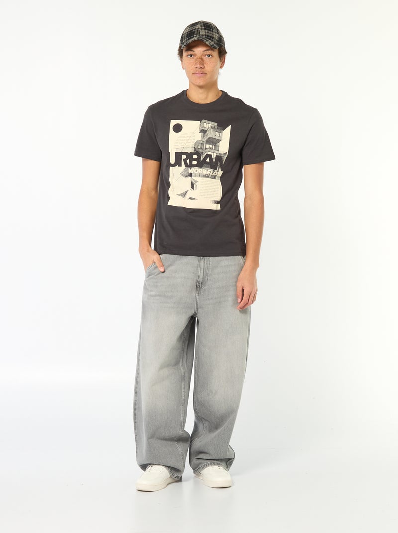 T-shirt de algodão estampado de mangas curtas Preto - Kiabi