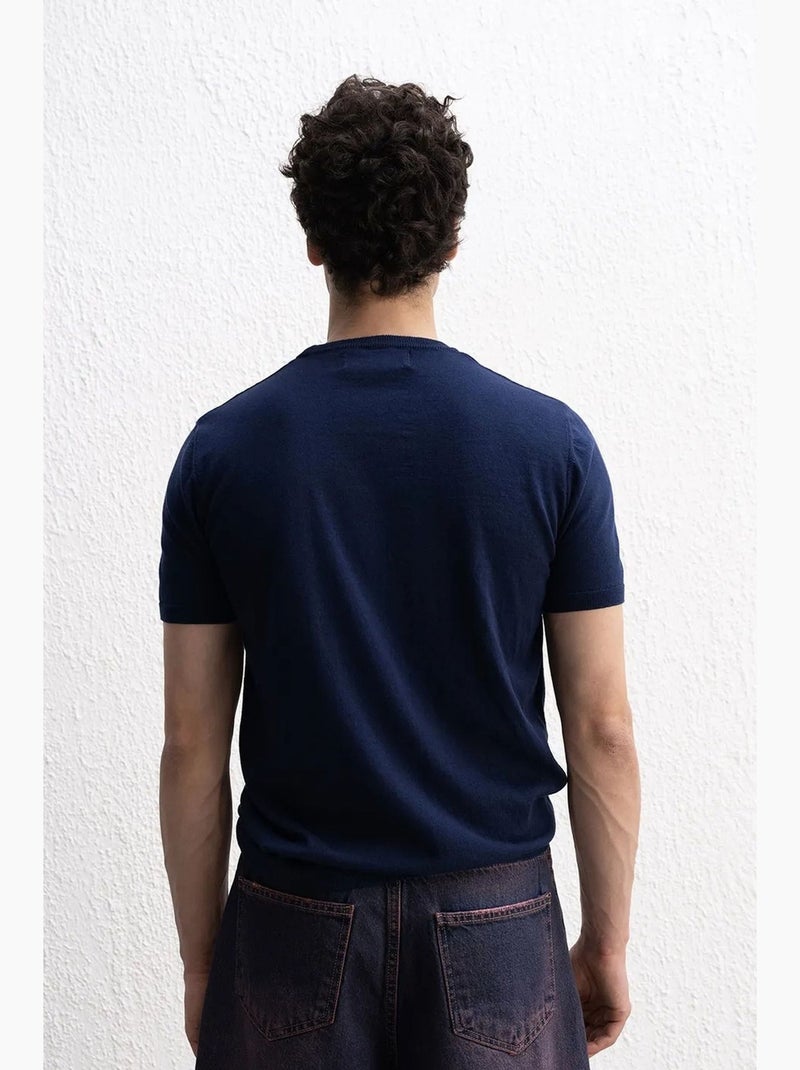T-shirt de algodão lisa com decote redondo giesto Azul-marinho - Kiabi
