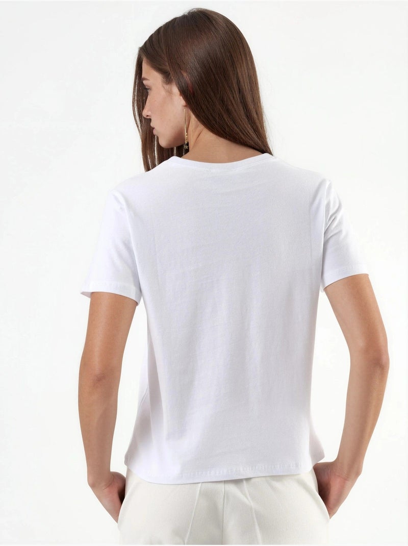 T-shirt de algodão lisa com gola redonda busem Branco - Kiabi