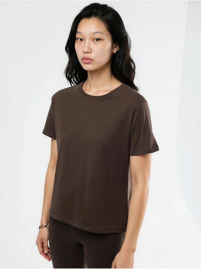 T-shirt de algodão lisa com gola redonda busem Castanho-chocolate - Kiabi