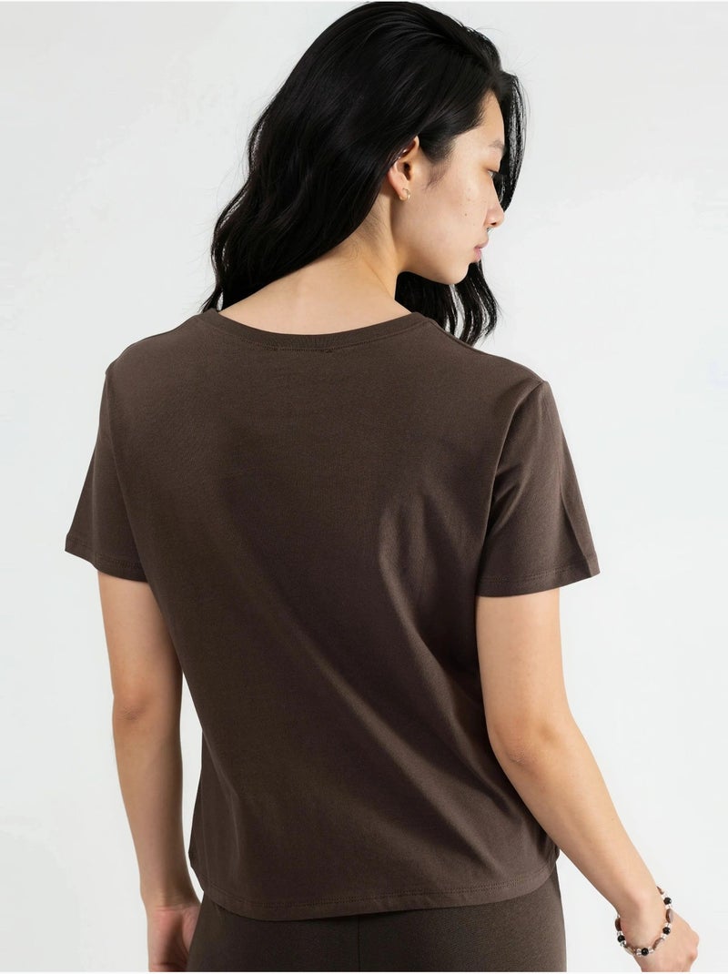 T-shirt de algodão lisa com gola redonda busem Castanho-chocolate - Kiabi