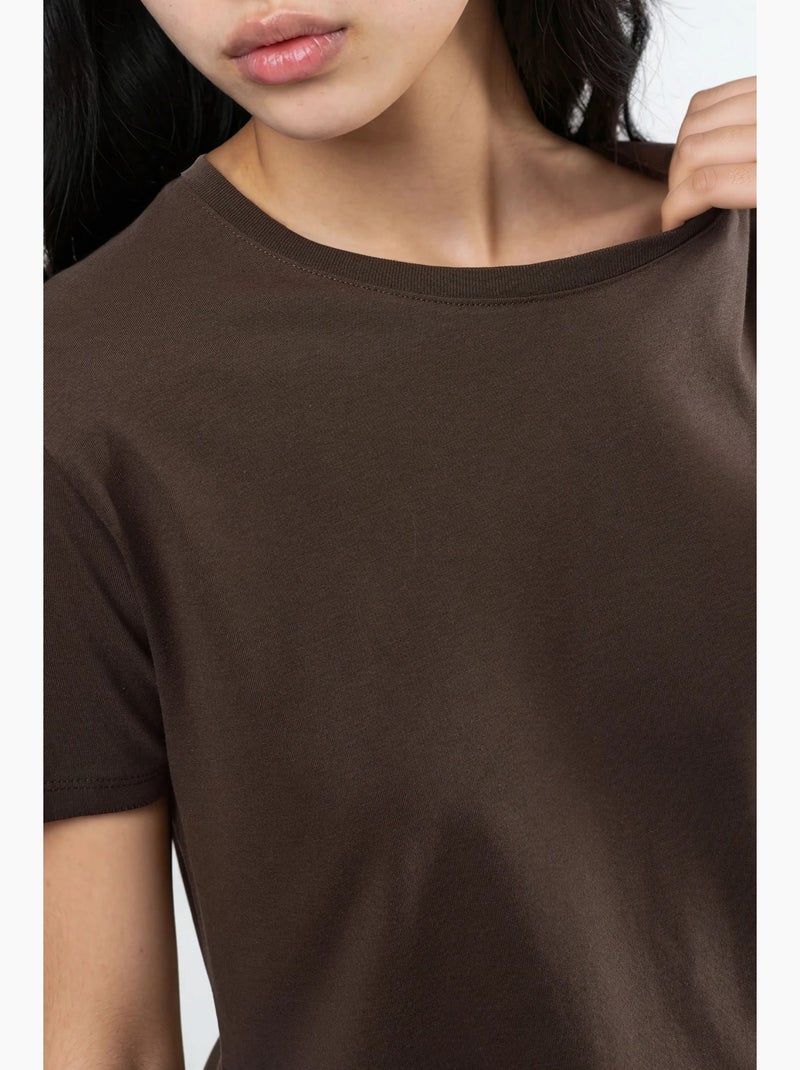 T-shirt de algodão lisa com gola redonda busem Castanho-chocolate - Kiabi