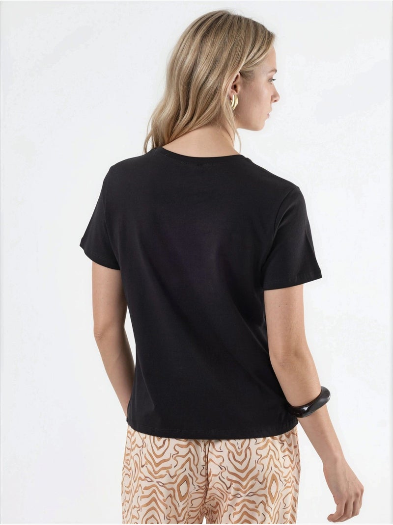 T-shirt de algodão lisa com gola redonda busem Preto - Kiabi