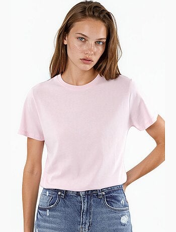 T-shirt de algodão lisa com gola redonda busem