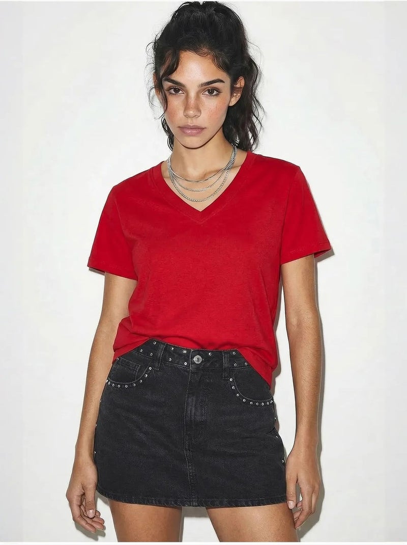 T-shirt de algodão penteado com decote em v comfort fit lucci Vermelho - Kiabi