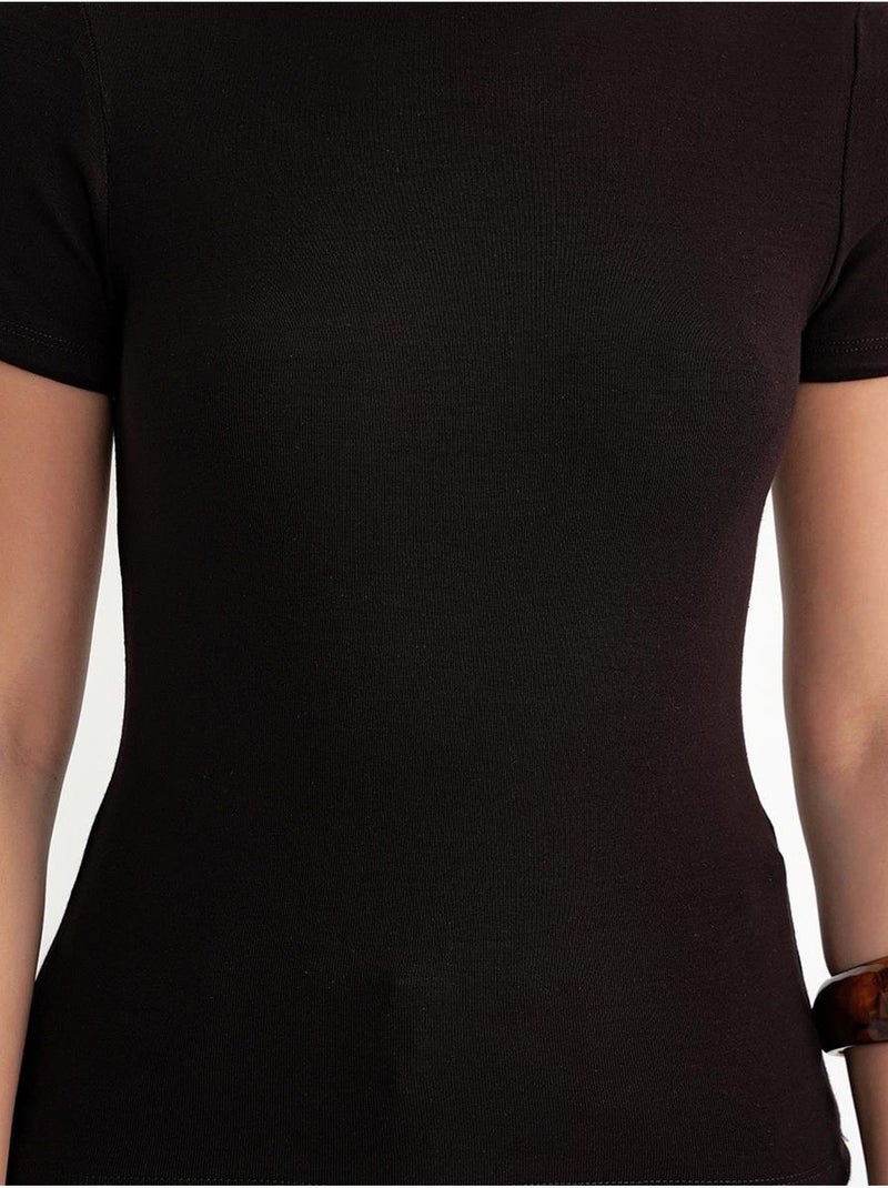 T-shirt de algodão slim fit com gola redonda mixray Castanho-escuro - Kiabi
