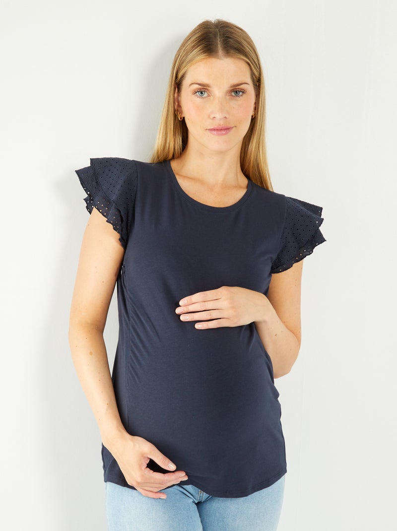 T-shirt de amamentação com mangas com folhos Azul Marinho - Kiabi