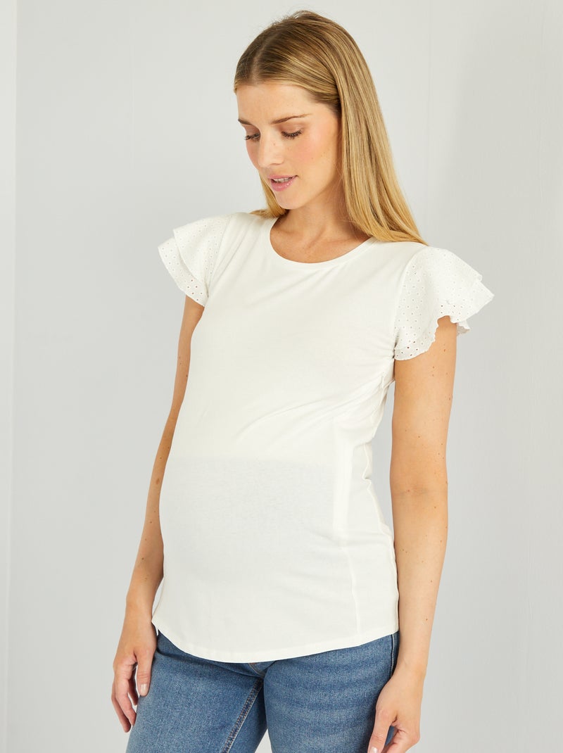 T-shirt de amamentação com mangas com folhos Branco - Kiabi