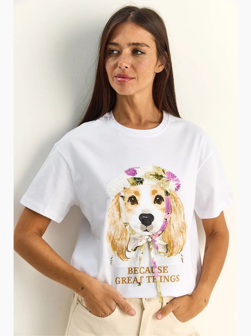 T-shirt de decote redondo com estampado e lantejoulas lucci Branco - Kiabi
