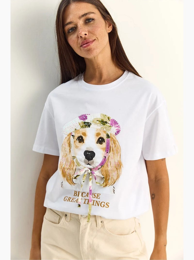 T-shirt de decote redondo com estampado e lantejoulas lucci Branco - Kiabi