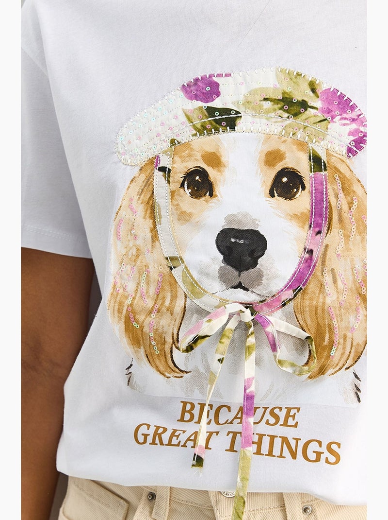 T-shirt de decote redondo com estampado e lantejoulas lucci Branco - Kiabi