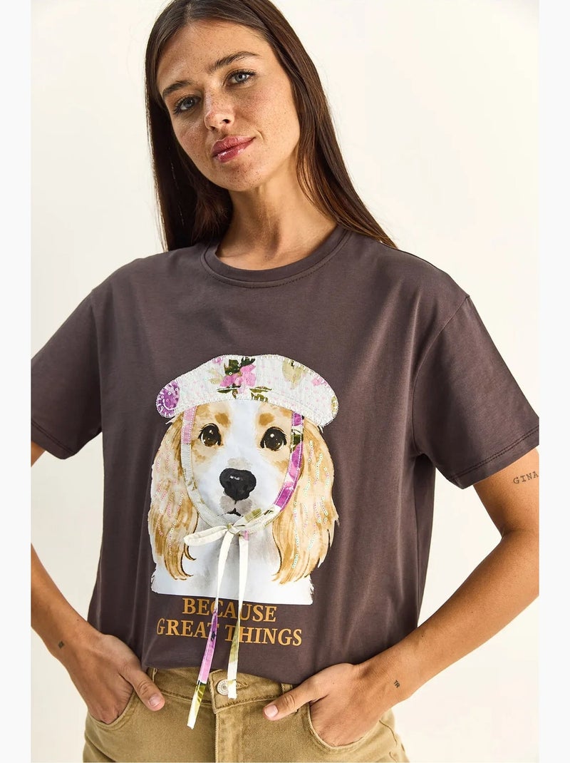 T-shirt de decote redondo com estampado e lantejoulas lucci Castanho-chocolate - Kiabi