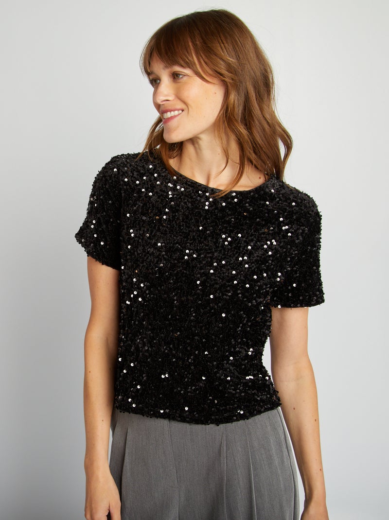 T-shirt de festa com lantejoulas Preto - Kiabi