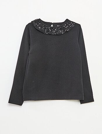T-shirt gola grande com folho e lantejoulas liso