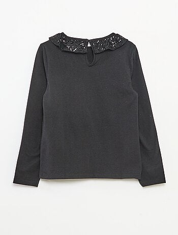 T-shirt gola grande com folho e lantejoulas liso