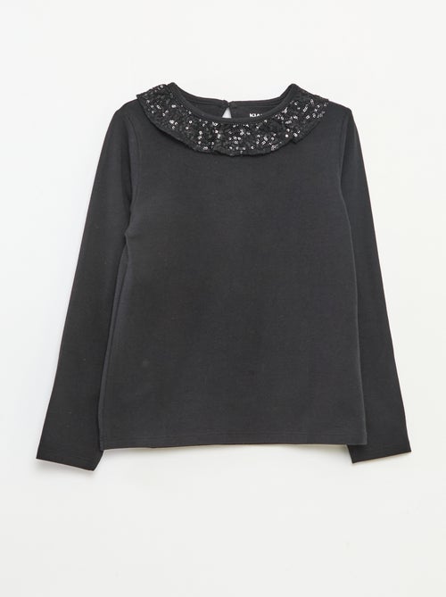 T-shirt de gola grande com folho e lantejoulas liso - Kiabi