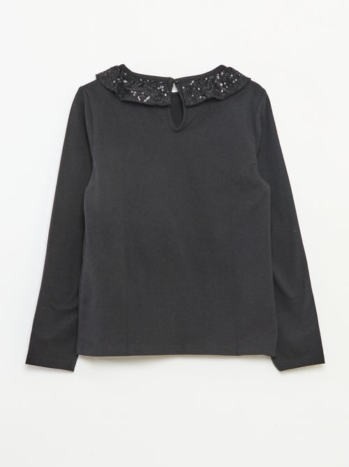 T-shirt de gola grande com folho e lantejoulas liso - Kiabi