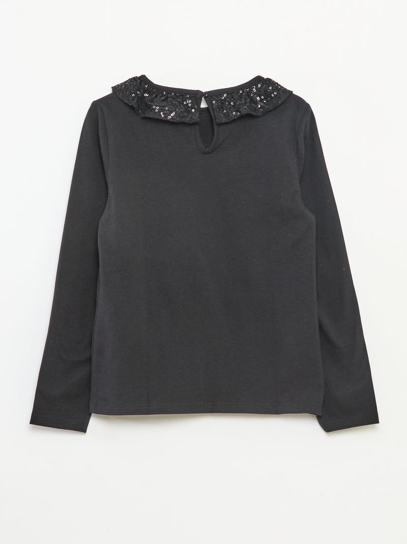 T-shirt de gola grande com folho e lantejoulas liso Preto - Kiabi