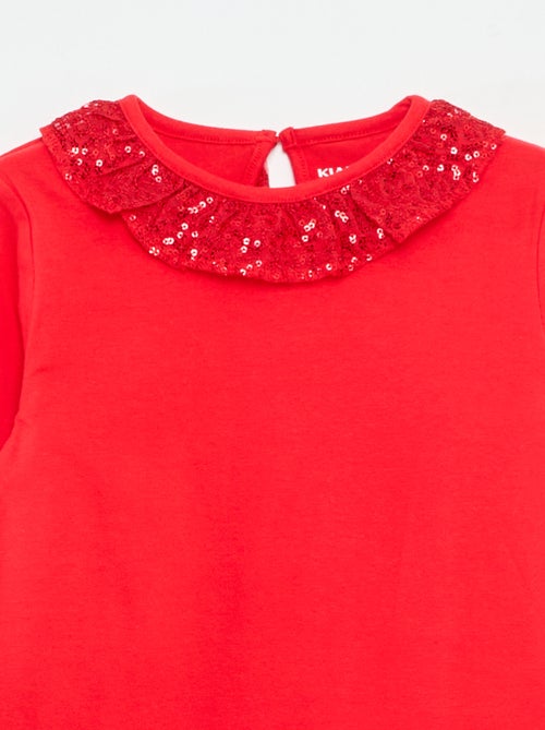 T-shirt de gola grande com folhos e lantejoulas liso - Kiabi