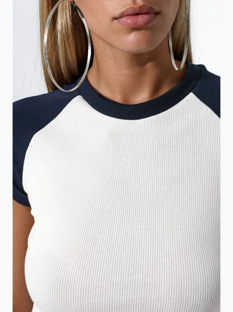 T-shirt de gola redonda color block ajustada busem Branco Azul - Kiabi