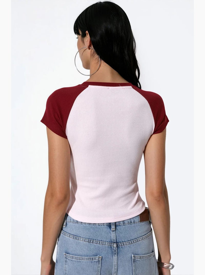 T-shirt de gola redonda color block ajustada busem Rosa - Kiabi