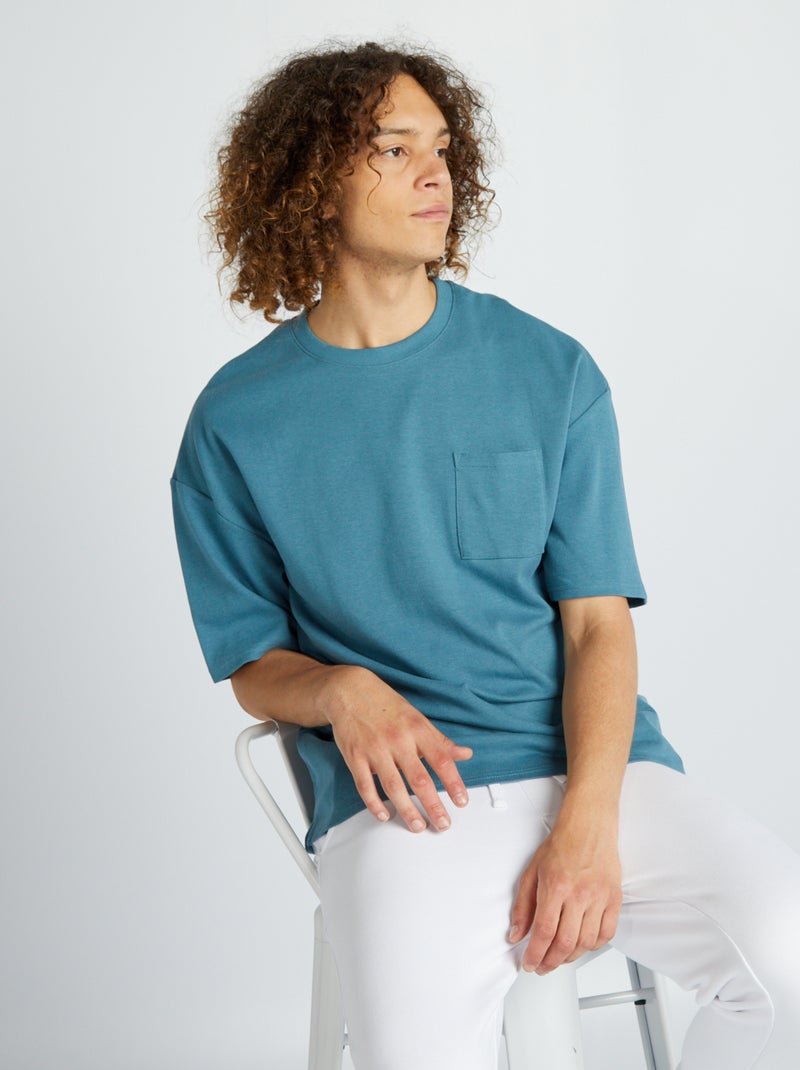 T-shirt de gola redonda com bolso frontal AZUL - Kiabi