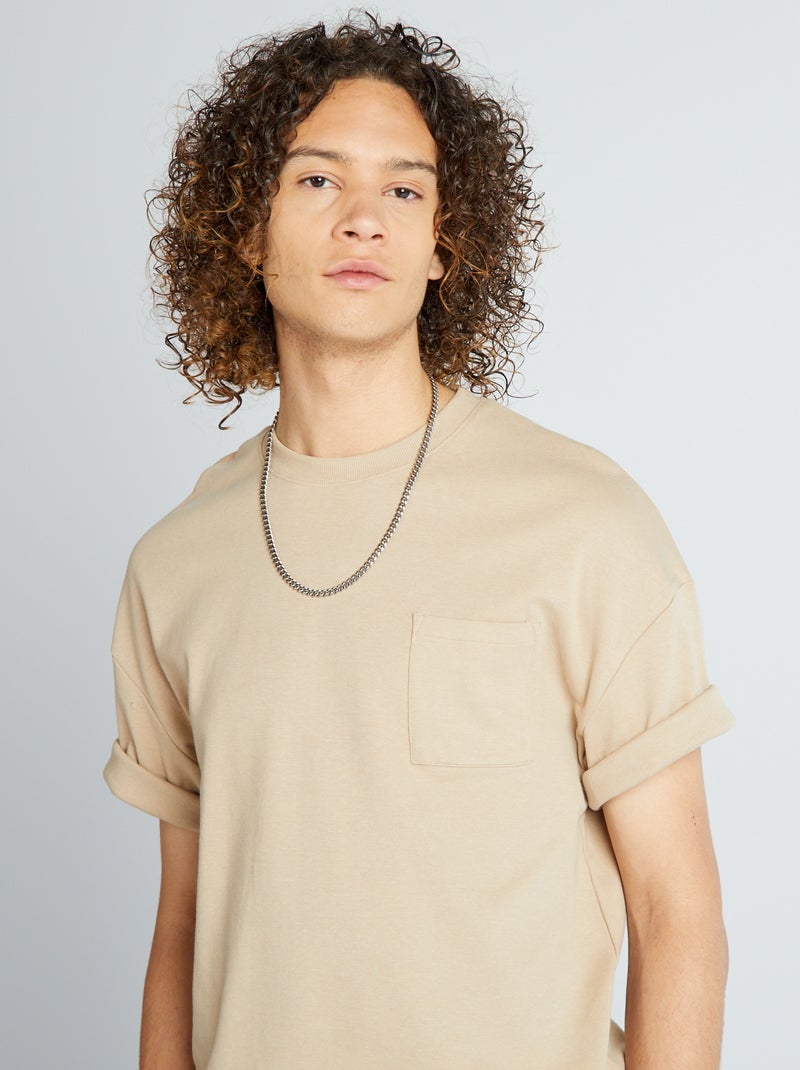 T-shirt de gola redonda com bolso frontal BEGE - Kiabi