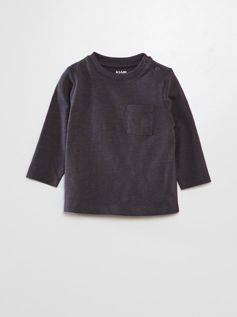 T-shirt de gola redonda com bolso PRETO - Kiabi