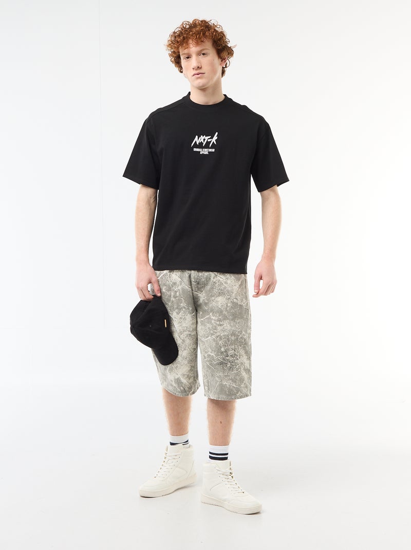 T-shirt de gola redonda com bordado contrastante Preto - Kiabi