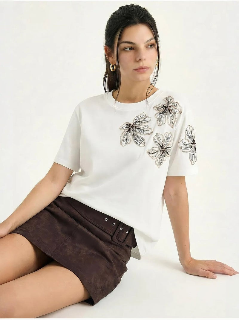 T-shirt de gola redonda com bordado floral lucci Branco - Kiabi